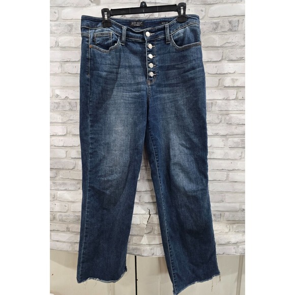 Judy Blue Denim - Judy Blue Jeans 13/31 Blue Dark High Rise Wide Leg Button Fly Denim Frayed Hem